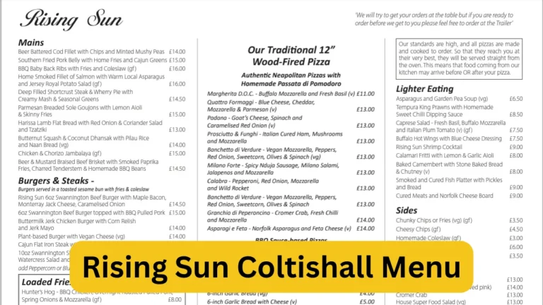 Rising Sun Coltishall Menu