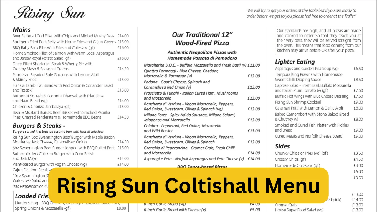 Rising Sun Coltishall Menu