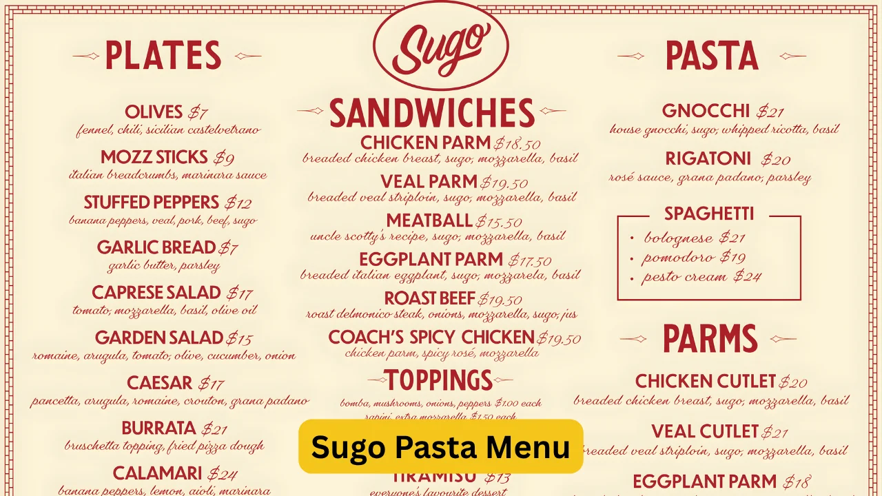 Sugo Pasta Menu