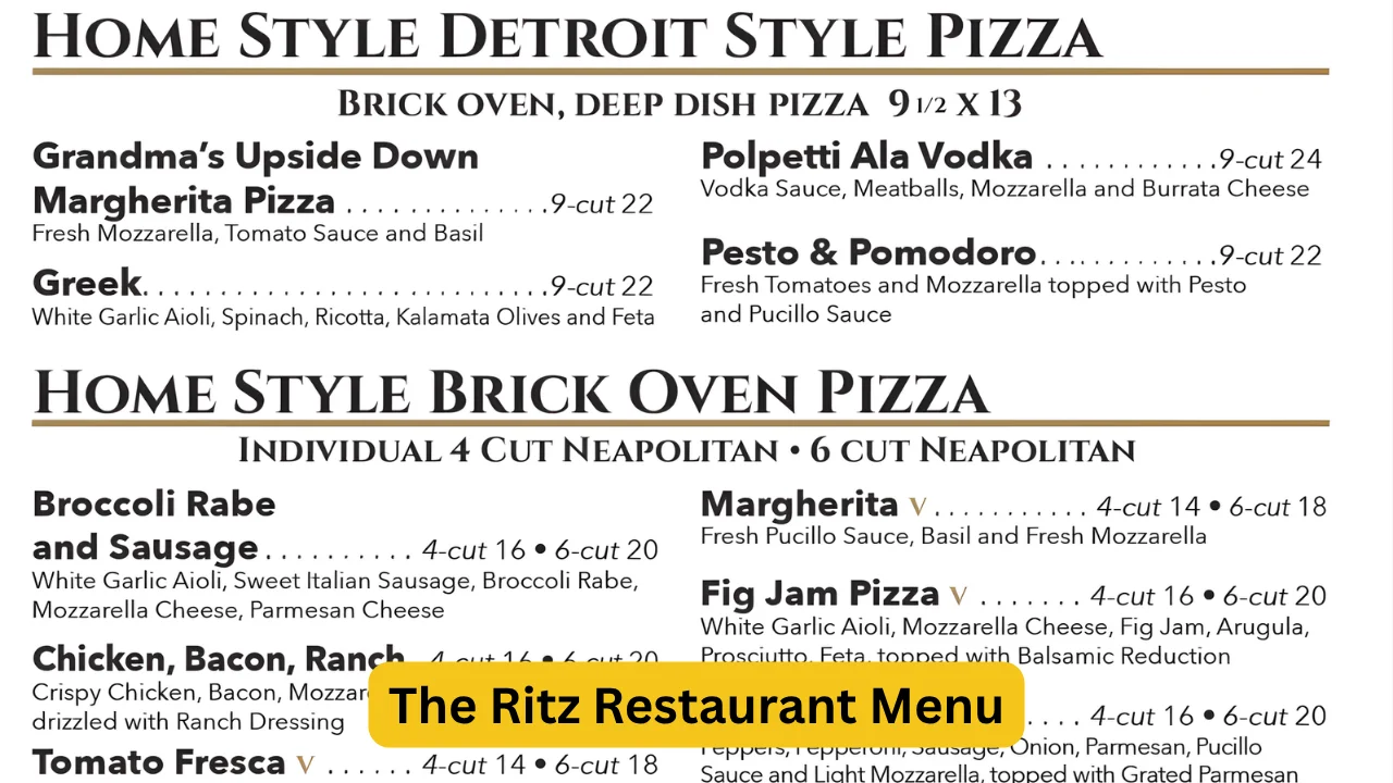 The Ritz Restaurant Menu