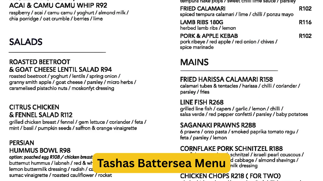 Tashas Battersea Menu